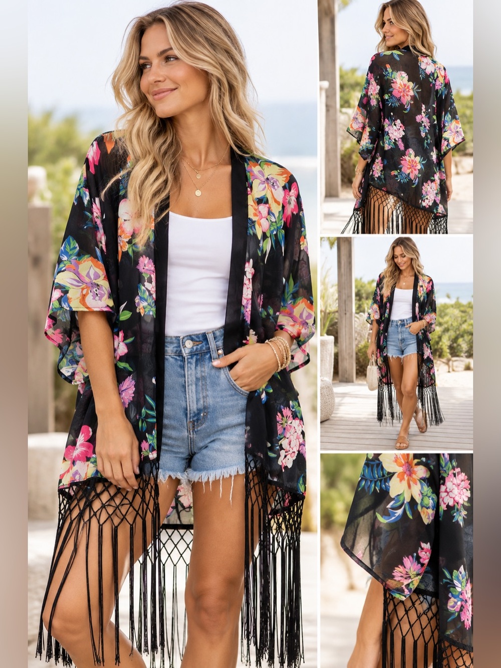 Lucky Leaves Black Floral Sheer Fringe Kimono Cover Up Size M